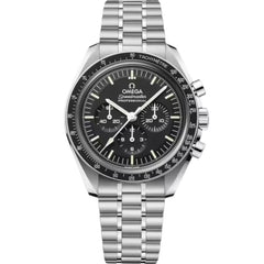 Omega Speedmaster Professional Moonwatch men's chronograph watch, 42mm stainless steel case, black dial, steel bracelet – front view