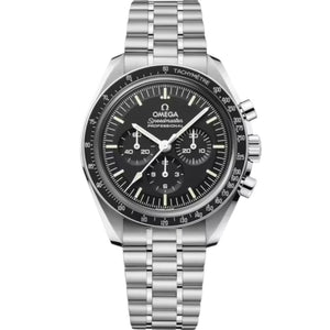 Omega Speedmaster Professional Moonwatch men's chronograph watch, 42mm stainless steel case, black dial, steel bracelet – front view