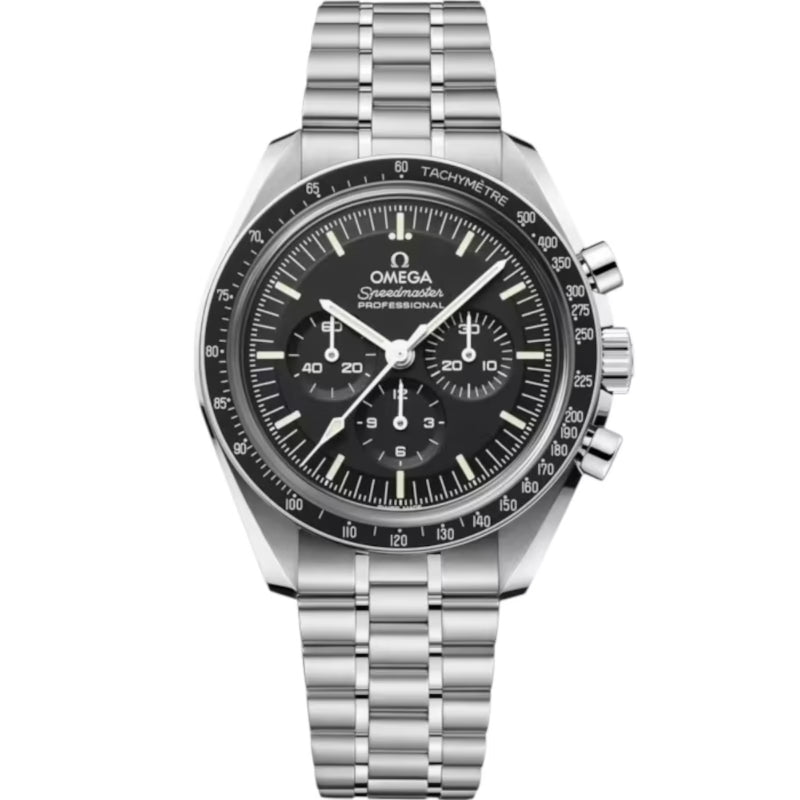 Omega Speedmaster Professional Moonwatch men's chronograph watch, 42mm stainless steel case, black dial, steel bracelet – full front view