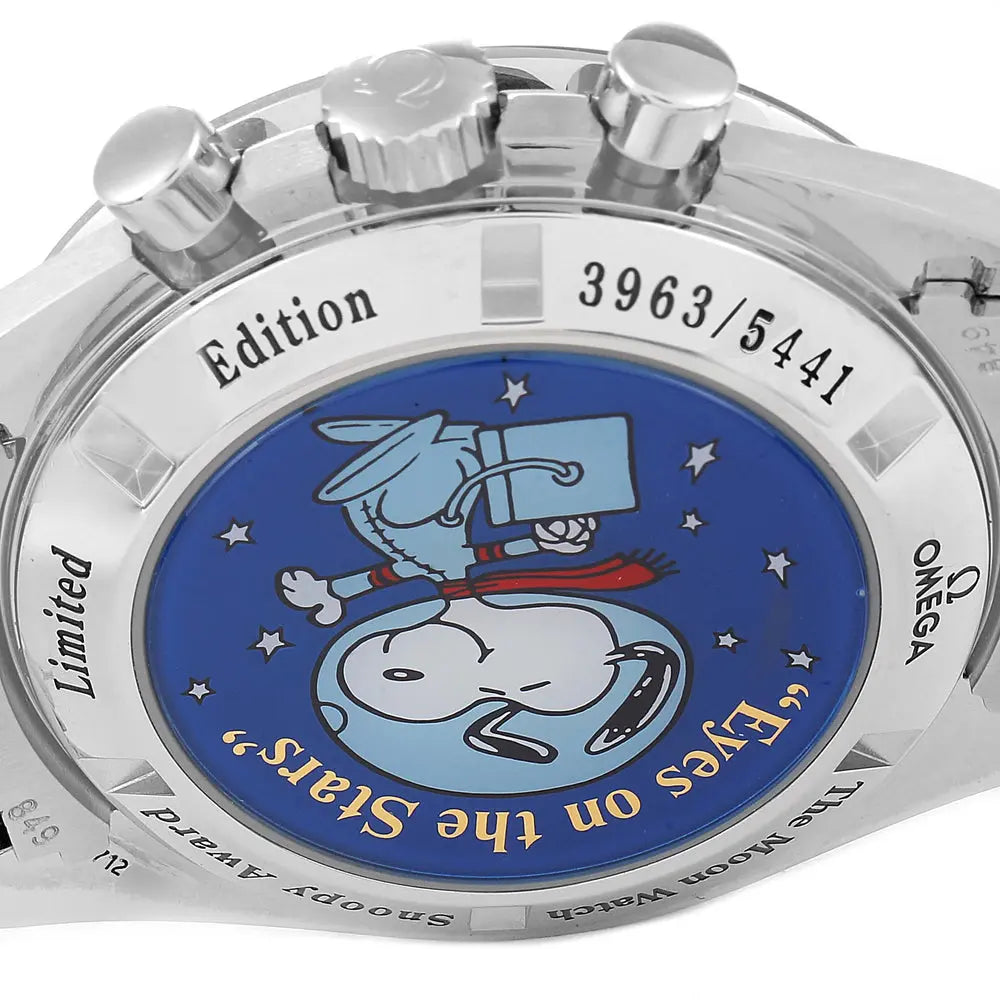 Omega Speedmaster Professional Snoopy men's chronograph watch, 42mm stainless steel case, black dial with Snoopy medallion, steel bracelet – caseback view