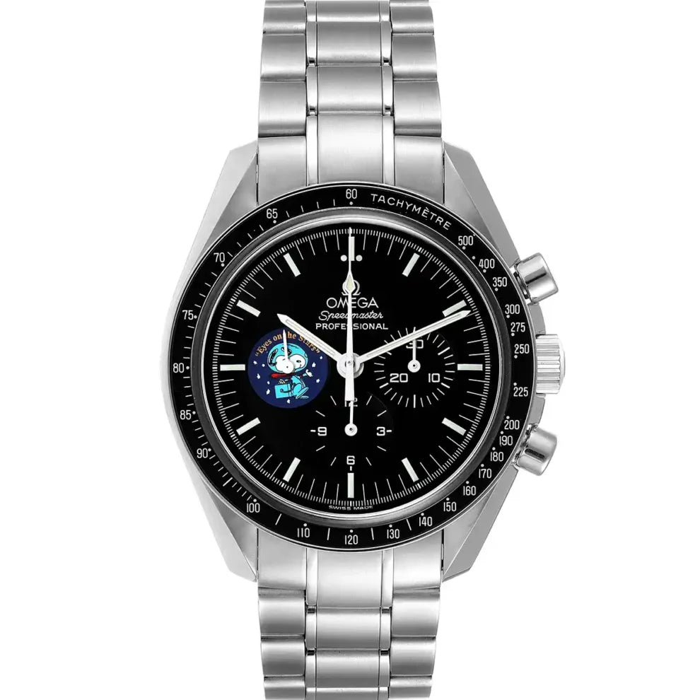 Omega Speedmaster Professional Snoopy men's chronograph watch, 42mm stainless steel case, black dial with Snoopy medallion, steel bracelet – full front view