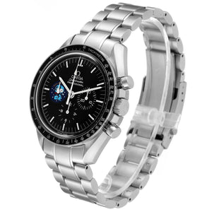 Omega Speedmaster Professional Snoopy men's chronograph watch, 42mm stainless steel case, black dial with Snoopy medallion, steel bracelet – left angle view