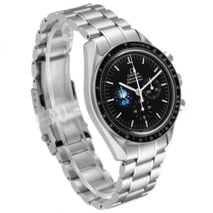 Omega Speedmaster Professional Snoopy men's chronograph watch, 42mm stainless steel case, black dial with Snoopy medallion, steel bracelet – side angle view