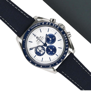 Omega Speedmaster Silver Snoopy Award men's chronograph watch, 42mm stainless steel case, silver dial with blue subdials – angle view