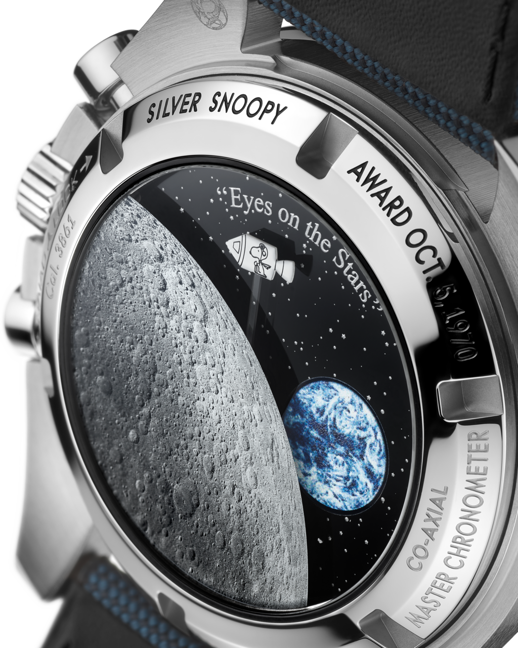 Omega Speedmaster Silver Snoopy Award men's chronograph watch, 42mm stainless steel case, silver dial with blue subdials – caseback view