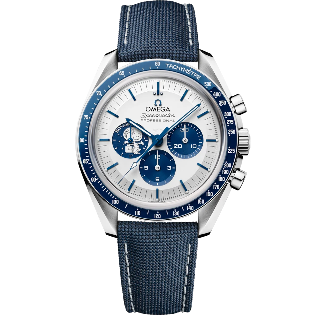 Omega Speedmaster Silver Snoopy Award men's chronograph watch, 42mm stainless steel case, silver dial with blue subdials – front view
