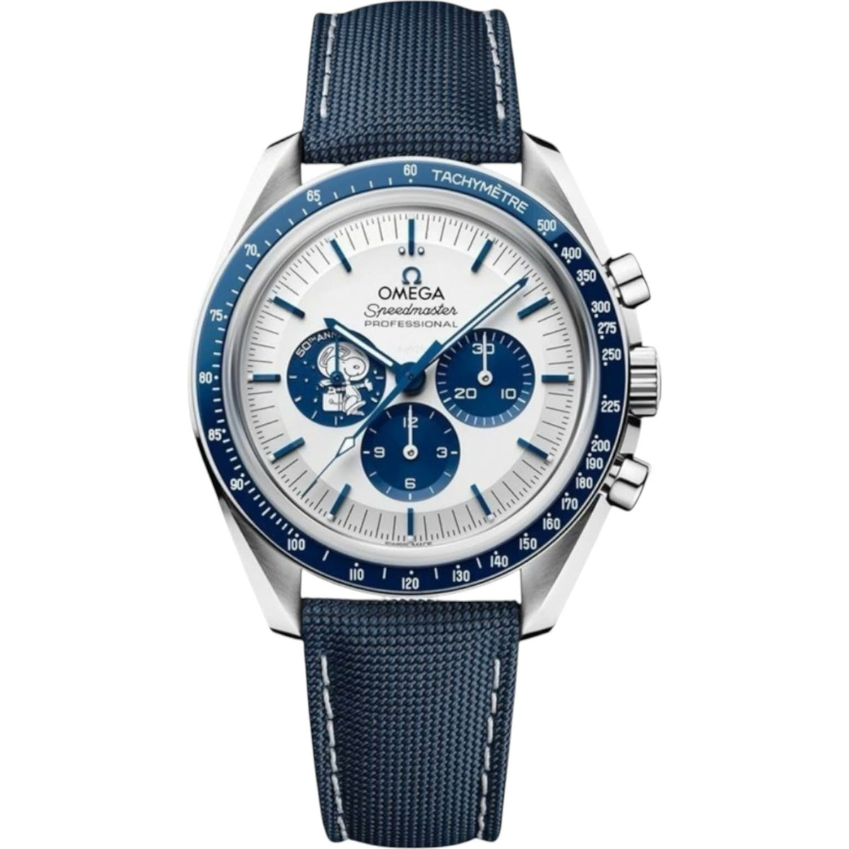 Omega Speedmaster Silver Snoopy Award men's chronograph watch, 42mm stainless steel case, silver dial with blue subdials – full front view