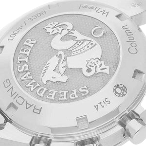 Omega Speedmaster Silver Snoopy Award men's chronograph watch, 44mm stainless steel case, white dial with blue subdials, steel bracelet – caseback close-up