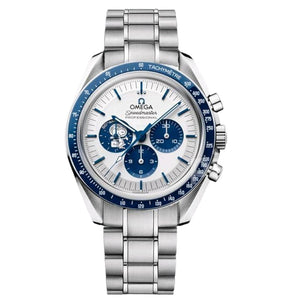 Omega Speedmaster Silver Snoopy Award men's chronograph watch, 44mm stainless steel case, white dial with blue subdials, steel bracelet – front view