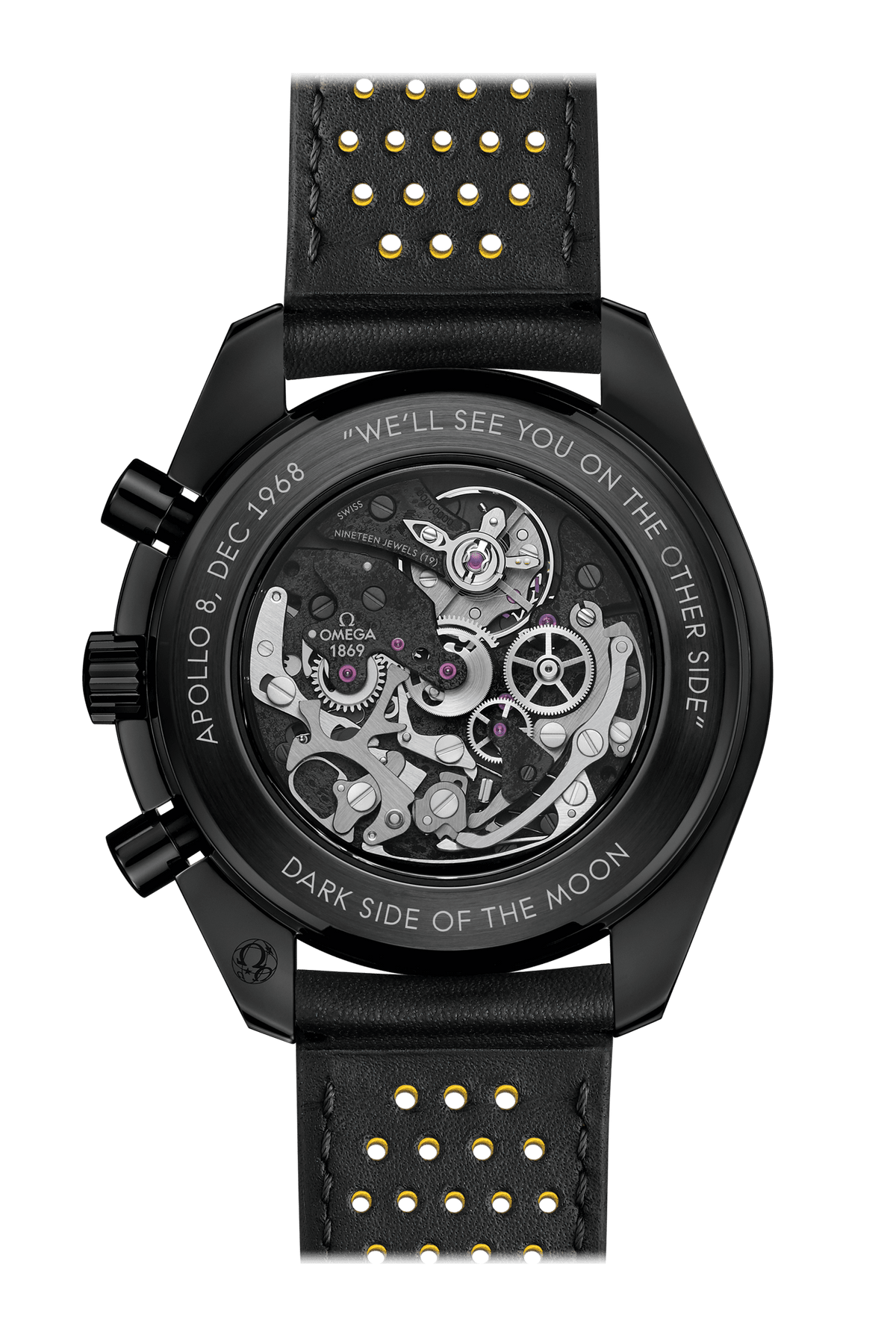 Omega Speedmaster Skeleton men's chronograph watch, 44.25mm black ceramic case, black leather strap – caseback movement view
