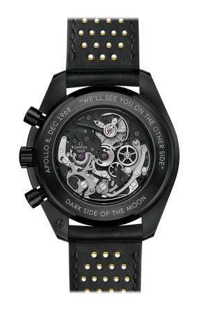 Omega Speedmaster Skeleton men's chronograph watch, 44.25mm black ceramic case, black leather strap – caseback movement view