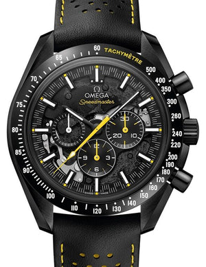 Omega Speedmaster Skeleton men's chronograph watch, 44.25mm black ceramic case, black leather strap – dial close-up