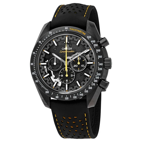 Omega Speedmaster Skeleton men's chronograph watch, 44.25mm black ceramic case, black leather strap – front view 2