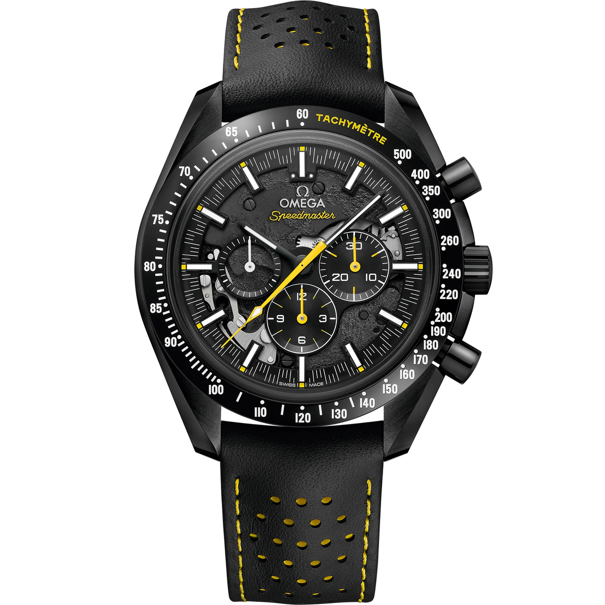 Omega Speedmaster Skeleton men's chronograph watch, 44.25mm black ceramic case, black leather strap – front view