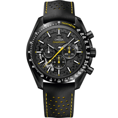 Omega Speedmaster Skeleton men's chronograph watch, 44.25mm black ceramic case, black leather strap – front view