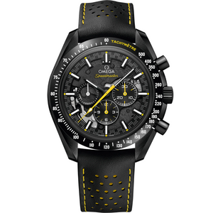 Omega Speedmaster Skeleton men's chronograph watch, 44.25mm black ceramic case, black leather strap – front view