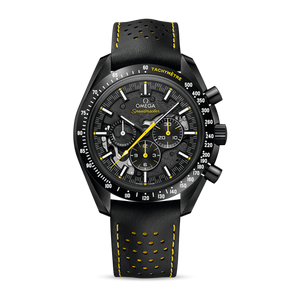 Omega Speedmaster Skeleton men's chronograph watch, 44.25mm black ceramic case, black leather strap – full front view