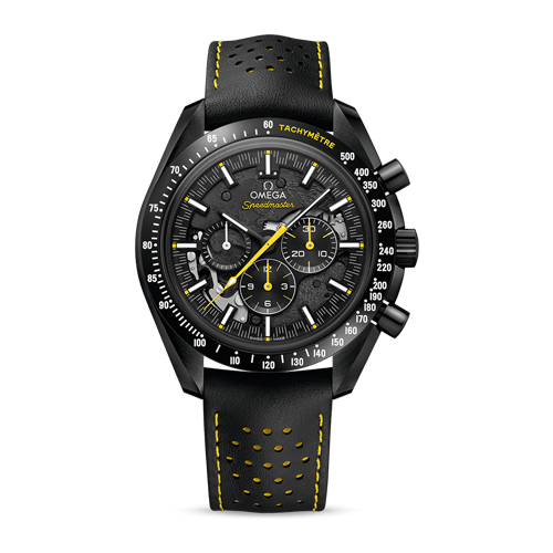 Omega Speedmaster Skeleton men's chronograph watch, 44.25mm black ceramic case, black leather strap – full front view