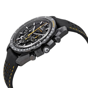 Omega Speedmaster Skeleton men's chronograph watch, 44.25mm black ceramic case, black leather strap – side angle view