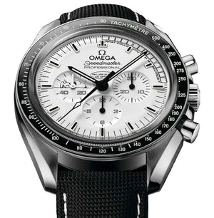 Omega Speedmaster Snoopy Award men's chronograph watch, 42mm stainless steel case, white dial with black subdials, black fabric strap – angle close-up