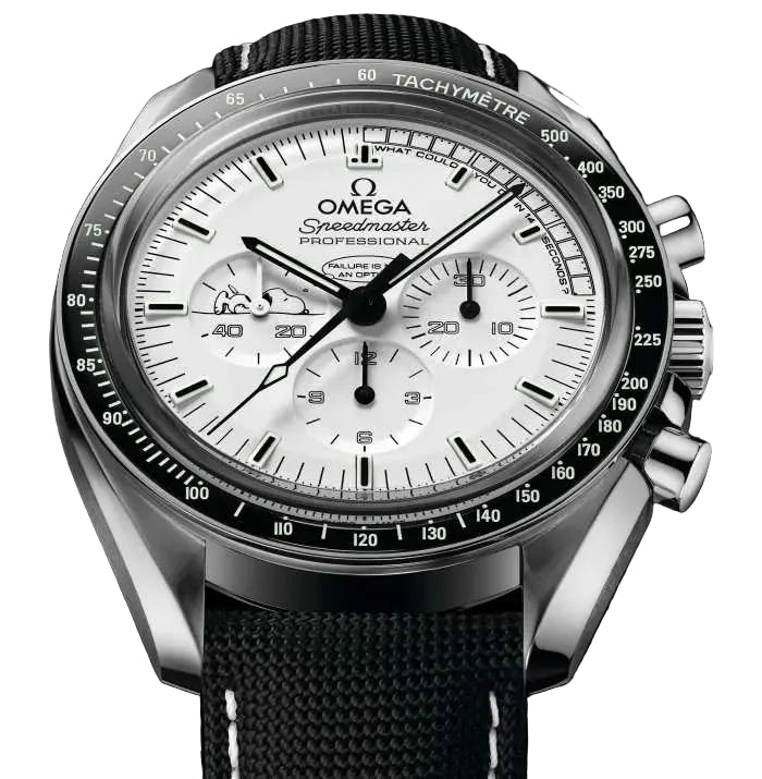 Omega Speedmaster Snoopy Award men's chronograph watch, 42mm stainless steel case, white dial with black subdials, black fabric strap – angle close-up