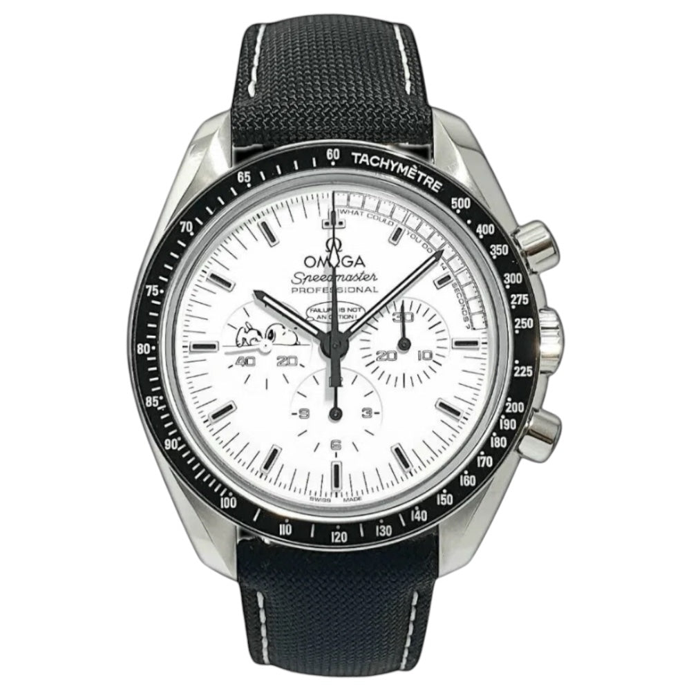 Omega Speedmaster Snoopy Award men's chronograph watch, 42mm stainless steel case, white dial with black subdials, black fabric strap – front view
