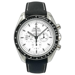 Omega Speedmaster Snoopy Award men's chronograph watch, 42mm stainless steel case, white dial with black subdials, black fabric strap – full front view