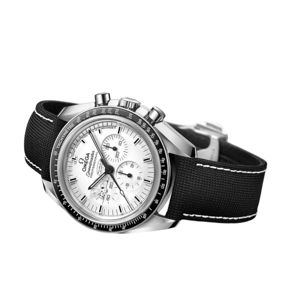 Omega Speedmaster Snoopy Award men's chronograph watch, 42mm stainless steel case, white dial with black subdials, black fabric strap – side angle view