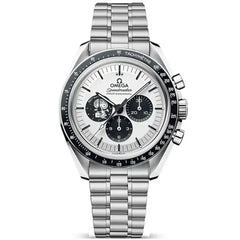 Omega Speedmaster Snoopy Award men's chronograph watch, 42mm stainless steel case, white dial with black subdials, steel bracelet – front view