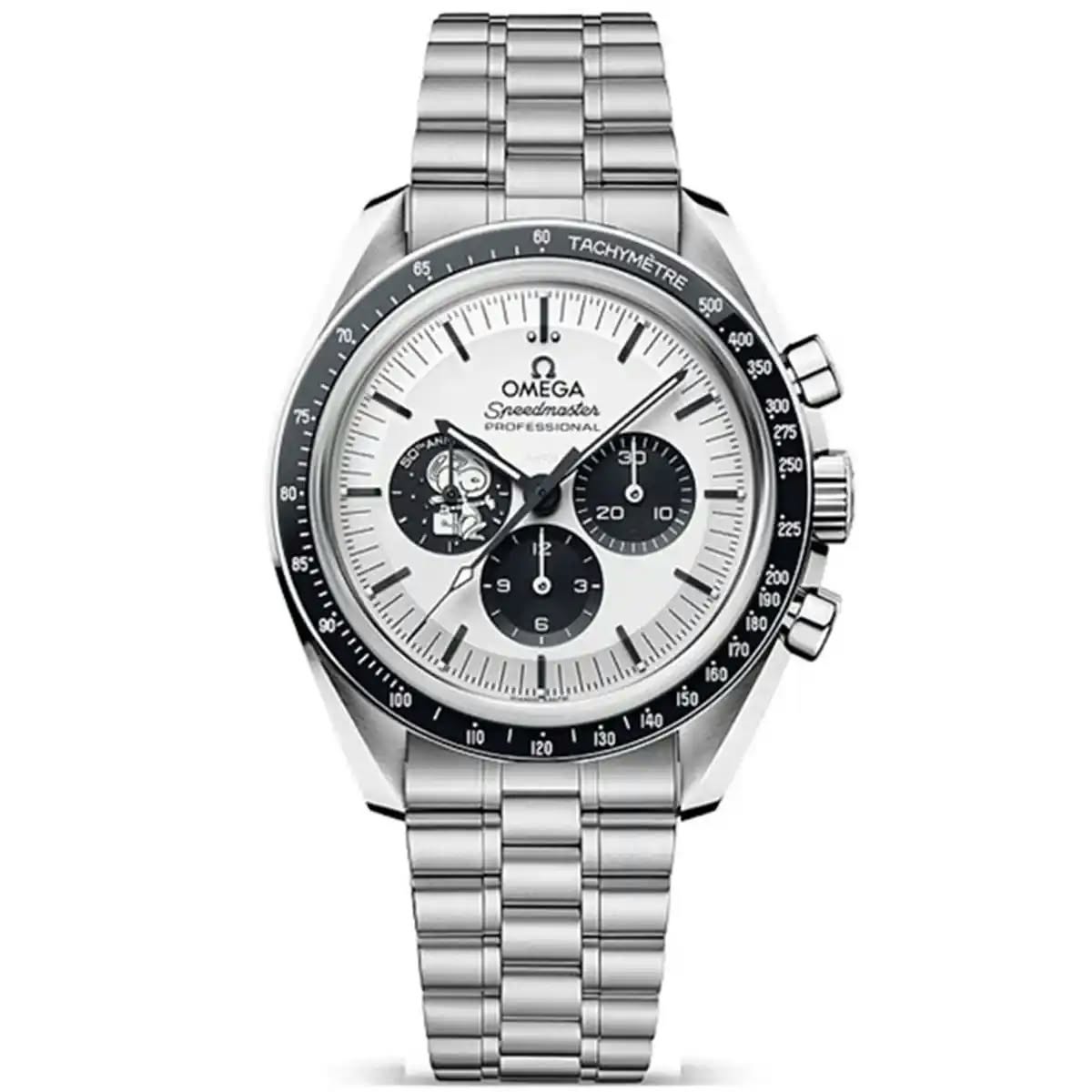 Omega Speedmaster Snoopy Award men's chronograph watch, 42mm stainless steel case, white dial with black subdials, steel bracelet – full front view