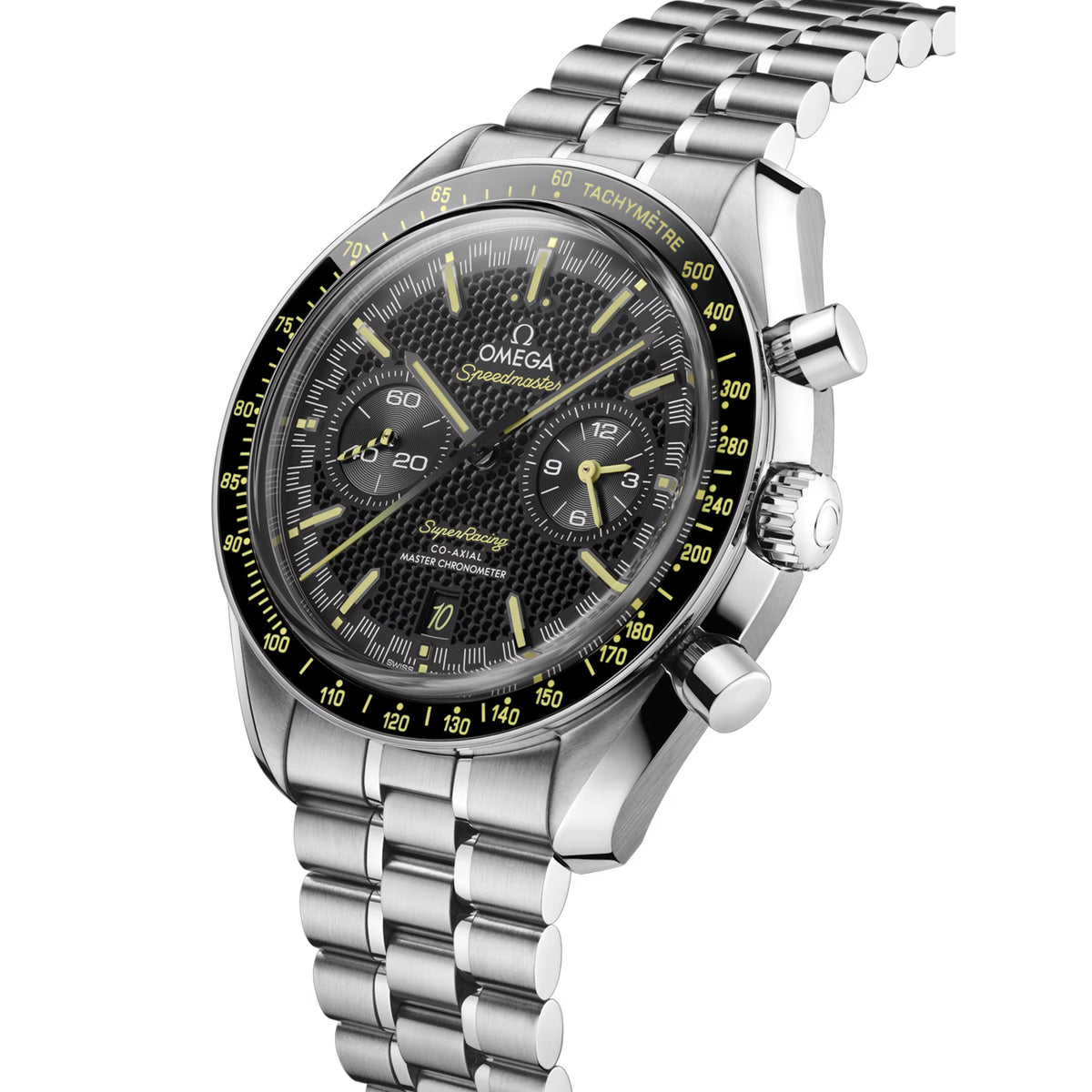 Omega Speedmaster Super Racing men's chronograph watch, 44.25mm stainless steel case, black dial, steel bracelet – angle view