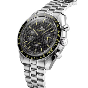 Omega Speedmaster Super Racing men's chronograph watch, 44.25mm stainless steel case, black dial, steel bracelet – angle view