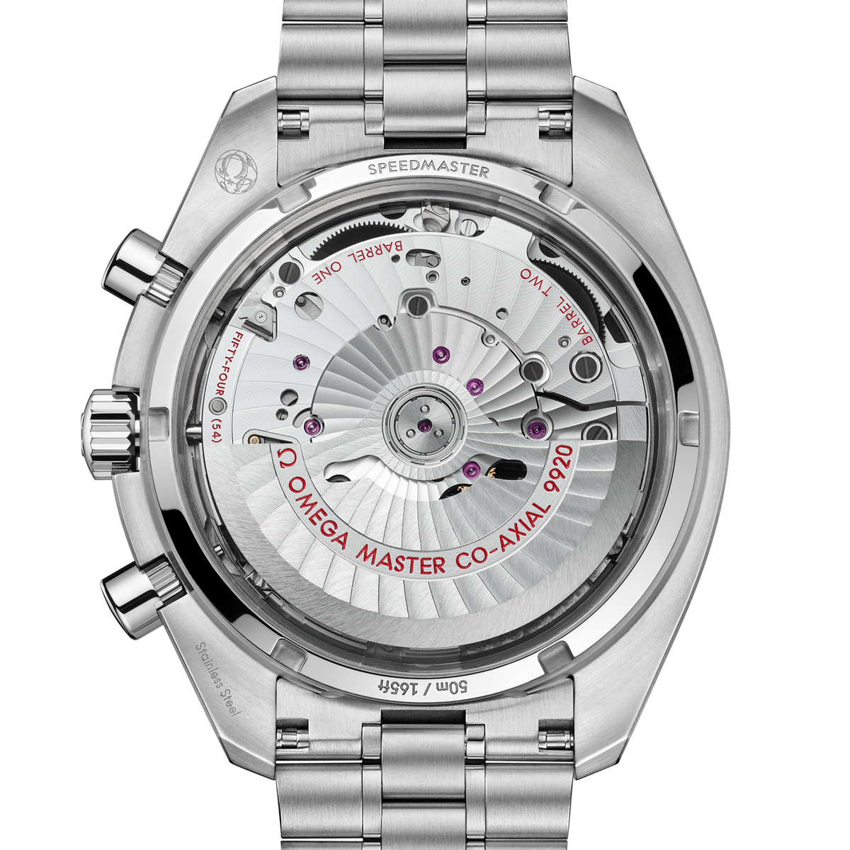 Omega Speedmaster Super Racing men's chronograph watch, 44.25mm stainless steel case, black dial, steel bracelet – caseback movement view