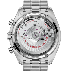 Omega Speedmaster Super Racing men's chronograph watch, 44.25mm stainless steel case, black dial, steel bracelet – caseback movement view