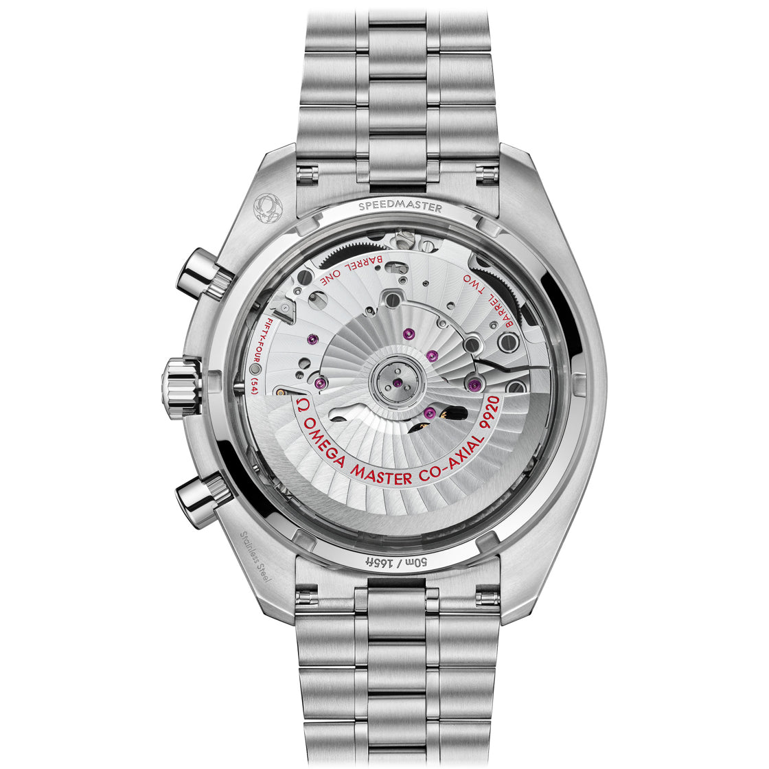 Omega Speedmaster Super Racing men's chronograph watch, 44.25mm stainless steel case, black dial, steel bracelet – caseback view