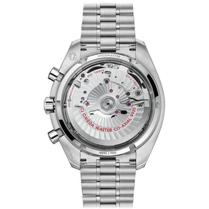 Omega Speedmaster Super Racing men's chronograph watch, 44.25mm stainless steel case, black dial, steel bracelet – caseback view