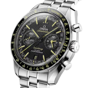Omega Speedmaster Super Racing men's chronograph watch, 44.25mm stainless steel case, black dial, steel bracelet – dial angle close-up