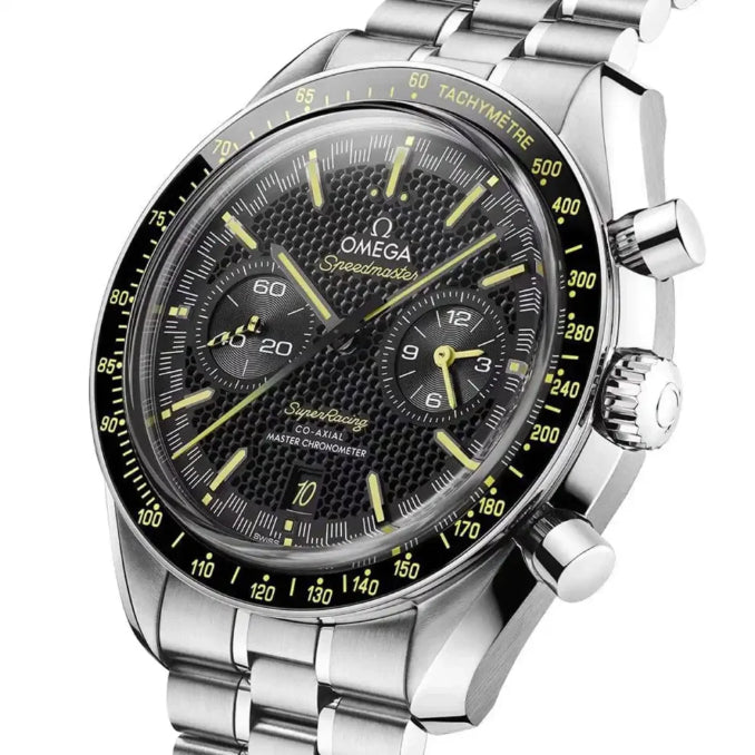 Omega Speedmaster Super Racing men's chronograph watch, 44.25mm stainless steel case, black dial, steel bracelet – dial angle close-up