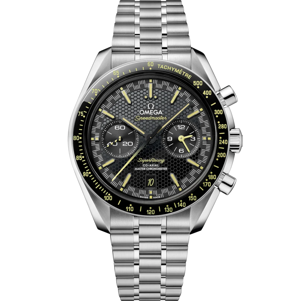 Omega Speedmaster Super Racing men's chronograph watch, 44.25mm stainless steel case, black dial, steel bracelet – front view