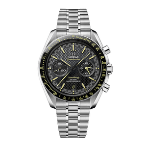 Omega Speedmaster Super Racing men's chronograph watch, 44.25mm stainless steel case, black dial, steel bracelet – full front view