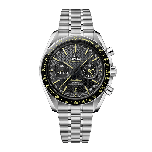 Omega Speedmaster Super Racing men's chronograph watch, 44.25mm stainless steel case, black dial, steel bracelet – full front view