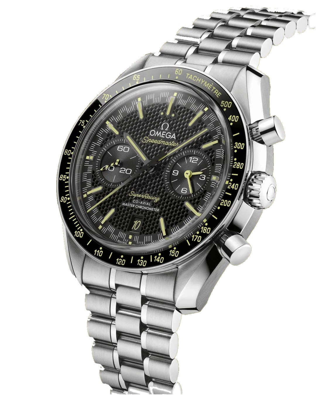 Omega Speedmaster Super Racing men's chronograph watch, 44.25mm stainless steel case, black dial with yellow accents – angle view on white background