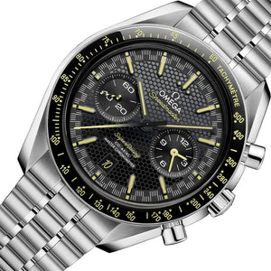 Omega Speedmaster Super Racing men's chronograph watch, 44.25mm stainless steel case, black dial with yellow accents – dial close-up