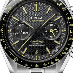 Omega Speedmaster Super Racing men's chronograph watch, 44.25mm stainless steel case, black dial with yellow accents – dial detail close-up