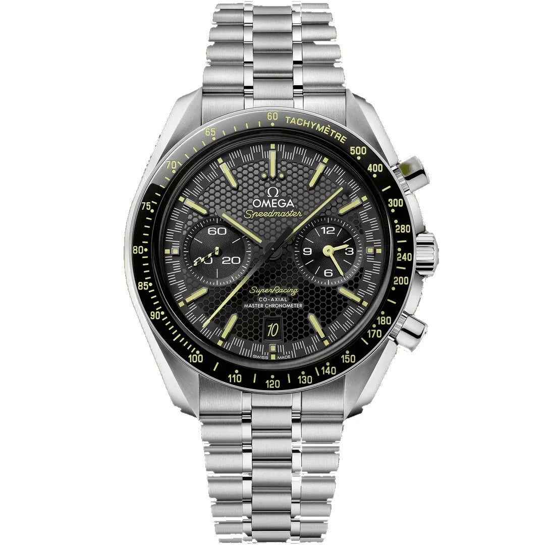 Omega Speedmaster Super Racing men's chronograph watch, 44.25mm stainless steel case, black dial with yellow accents – front view on white background