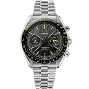 Omega Speedmaster Super Racing men's chronograph watch, 44.25mm stainless steel case, black dial with yellow accents – front view on white background