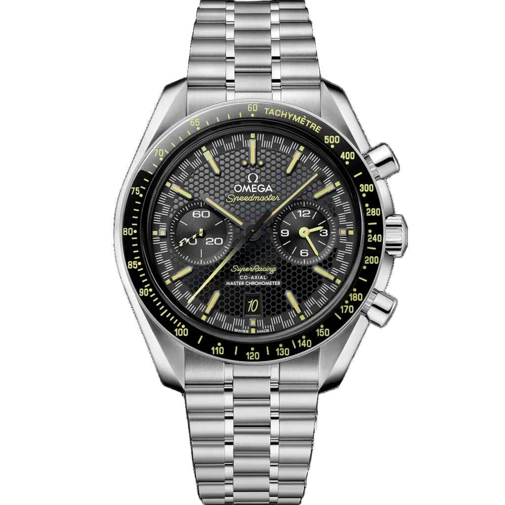 Omega Speedmaster Super Racing men's chronograph watch, 44.25mm stainless steel case, black dial with yellow accents – front view