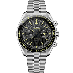 Omega Speedmaster Super Racing men's chronograph watch, 44.25mm stainless steel case, black dial with yellow accents – front view