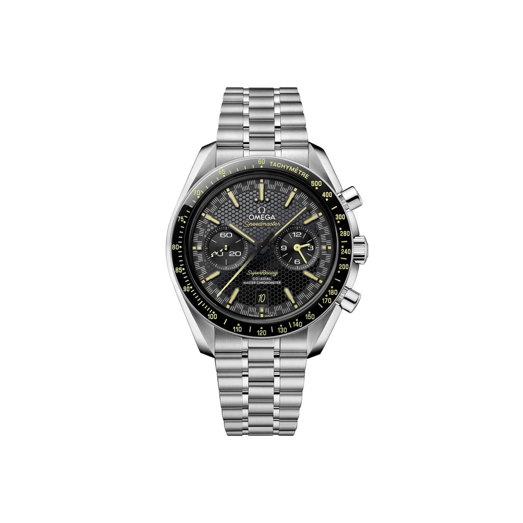 Omega Speedmaster Super Racing men's chronograph watch, 44.25mm stainless steel case, black dial with yellow accents – full front view