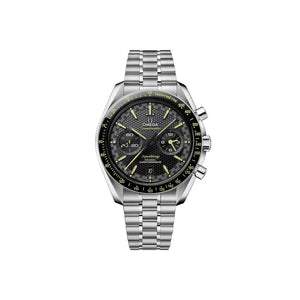 Omega Speedmaster Super Racing men's chronograph watch, 44.25mm stainless steel case, black dial with yellow accents – full front view